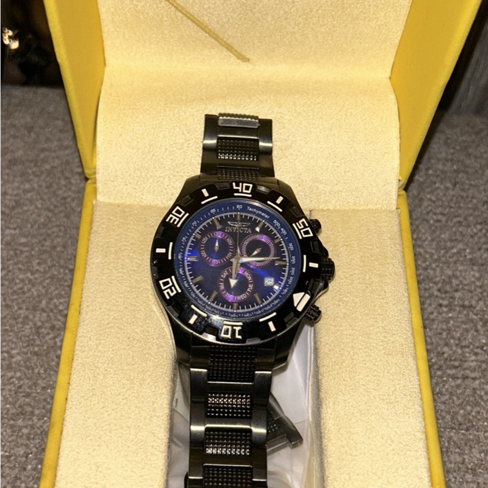 Invicta Black Stainless Steel Chronograph Watch - Blue Dial